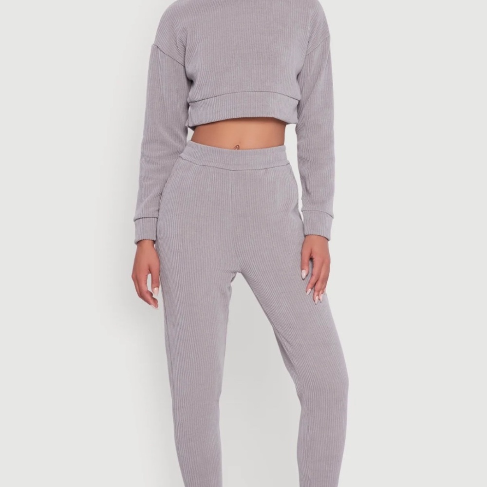 Ribbed Knit Long Sleeve Hooded Crop Top and Jogger Set